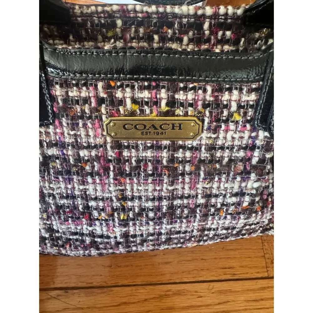 COACH F20025 Galaxy Tweed Tote Black Patent Leather Shoulder Bag (170